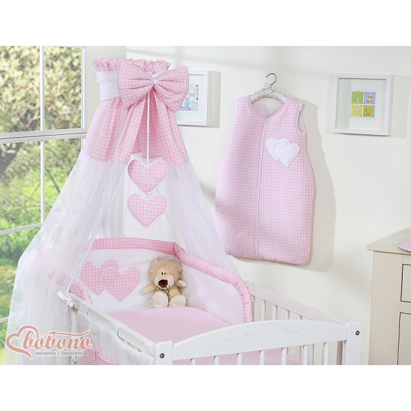 Completo Lenzuola con Baldacchino e Paracolpi 5 parti Rosa Cuori