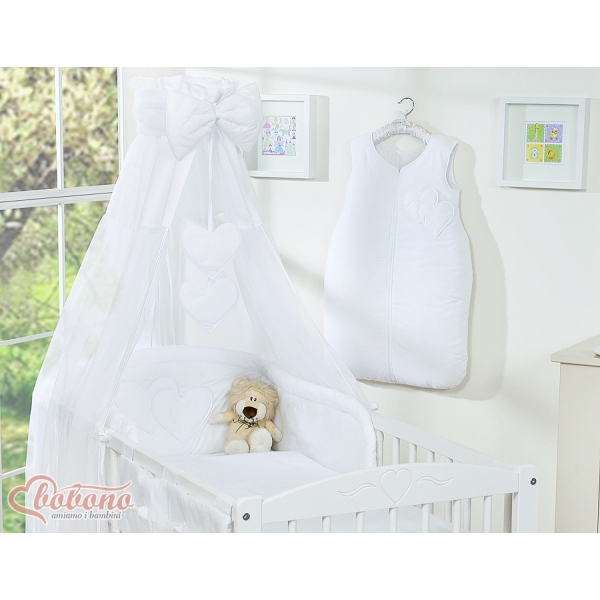 Completo Lenzuola Lettino con Baldacchino e Paracolpi 5 parti Bianca Cuori