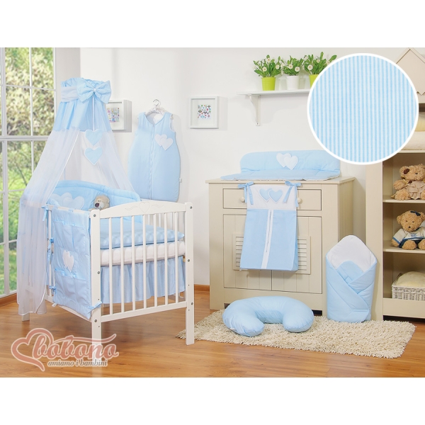Completo Lenzuola Lettino con Baldacchino e Paracolpi 5 parti Blu a Strisce Cuori