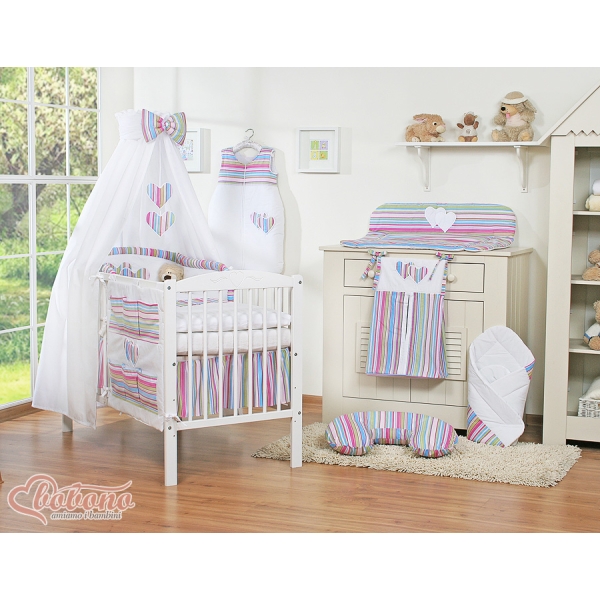 Completo Lenzuola Lettino con Baldacchino e Paracolpi 5 parti Lilla a Strisce Cuori