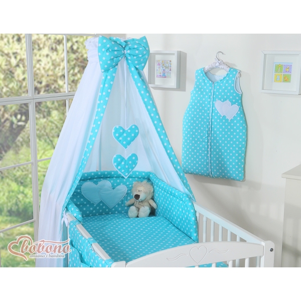 Completo Lenzuola Lettino con Baldacchino e Paracolpi 5 parti Turchese Pois Bianchi Cuori
