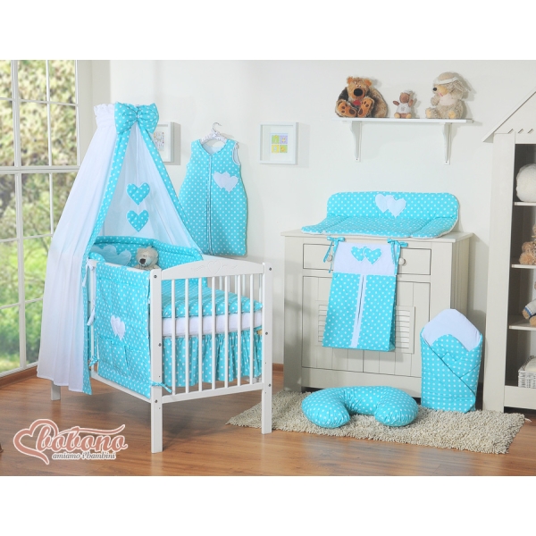 Completo Lenzuola Lettino con Baldacchino e Paracolpi 5 parti Turchese Pois Bianchi Cuori