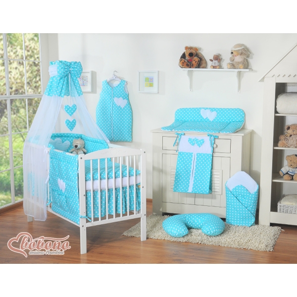 Completo Lenzuola Lettino con Baldacchino e Paracolpi 5 parti Turchese Pois Bianchi Cuori