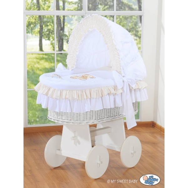 Culla con Cappottina Ruote Biancheria Set Bianca Nastro
