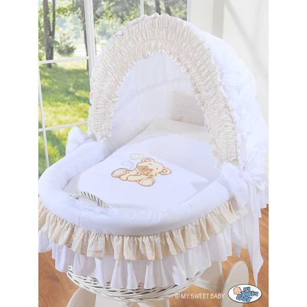 Culla con Cappottina Ruote Biancheria Set Bianca Nastro