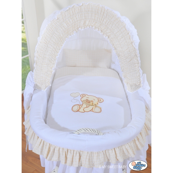 Culla con Cappottina Ruote Biancheria Set Bianca Nastro