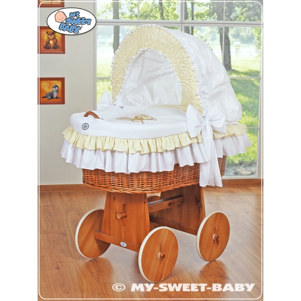 Culla con Cappottina Ruote Biancheria Set Bianca Nastro