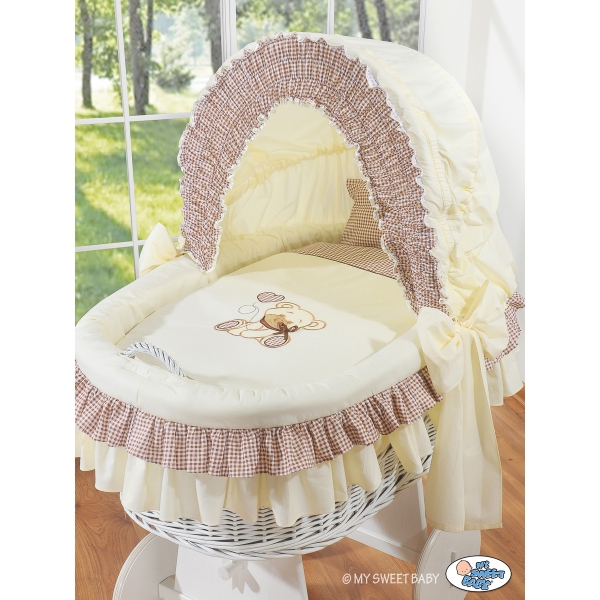 Culla con Cappottina Ruote Biancheria Set Marrone Nastro
