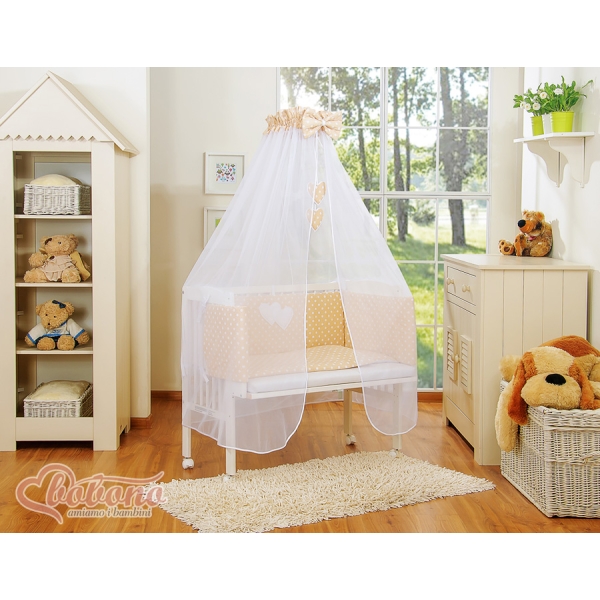 Culla da Agganciare al Letto Matrimoniale Completa Beige Pois Bianchi Cuori