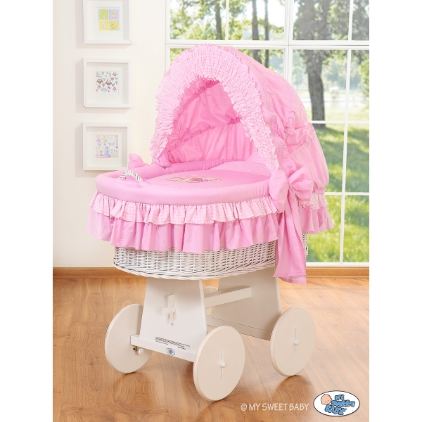 Culla di Vimini con Cappotta per Bambini Rosa Nastro