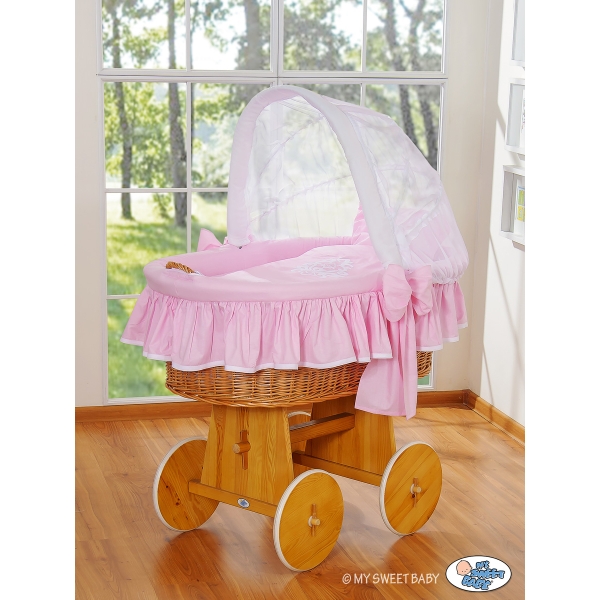 Culla in Vimini con Cappottina e Ruote Rosa Bianca Glamour