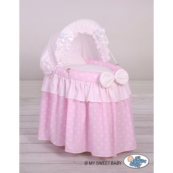 Culla in Vimini con Cappottina per le Bambole Rosa Pois Bianchi