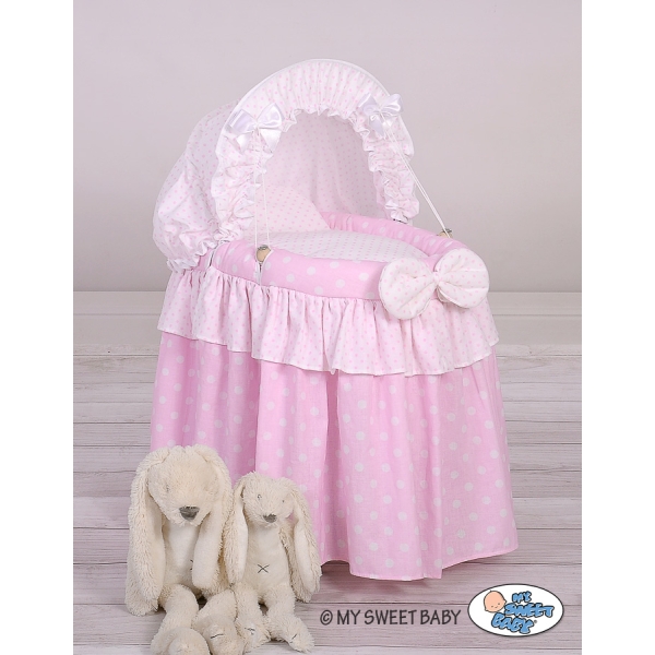 Culla in Vimini con Cappottina per le Bambole Rosa Pois Bianchi