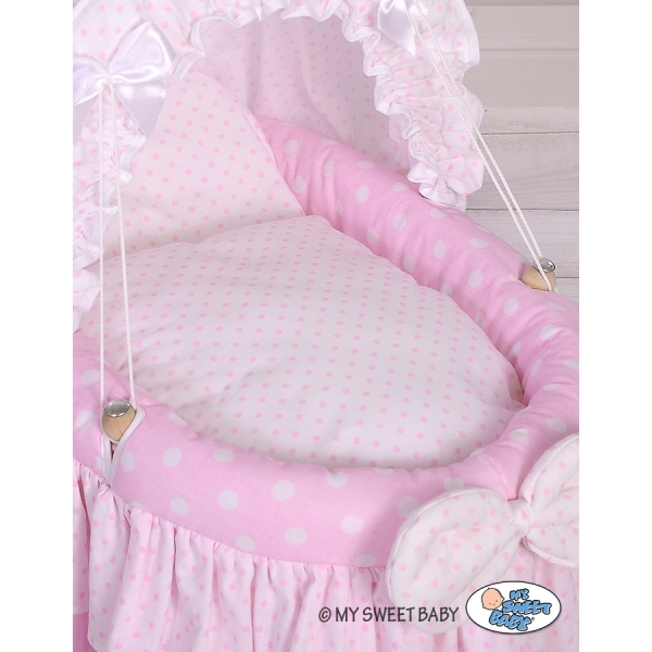 Culla in Vimini con Cappottina per le Bambole Rosa Pois Bianchi