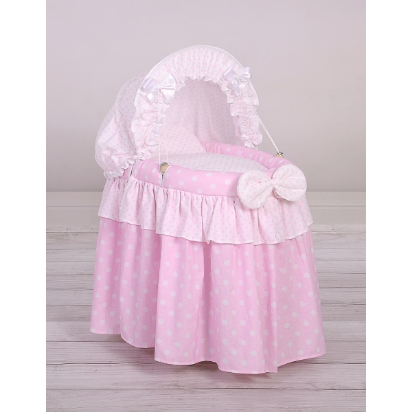 Culla in Vimini con Cappottina per le Bambole Rosa Pois Bianchi