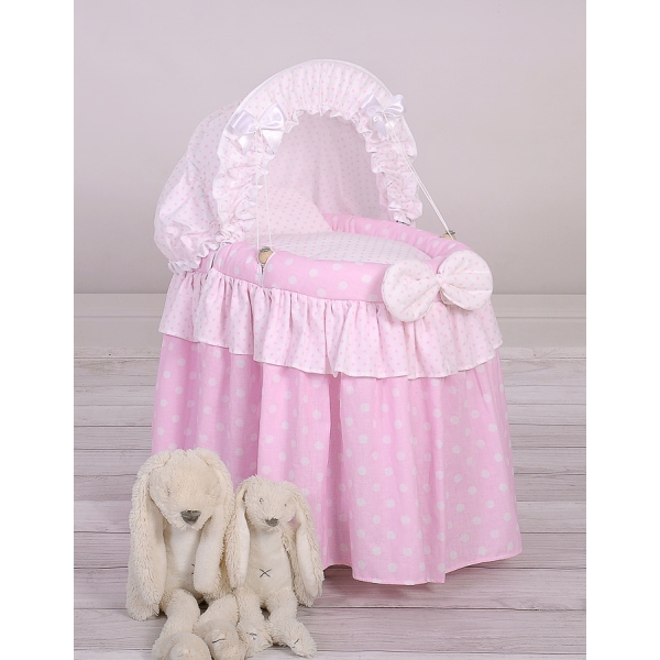 Culla in Vimini con Cappottina per le Bambole Rosa Pois Bianchi