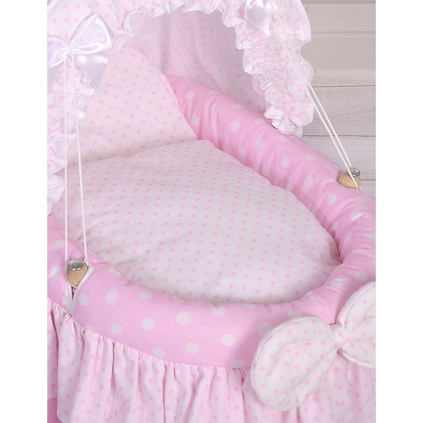 Culla in Vimini con Cappottina per le Bambole Rosa Pois Bianchi