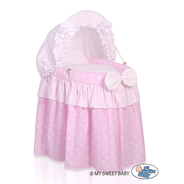 Culla in Vimini con Cappottina per le Bambole Rosa Pois Bianchi