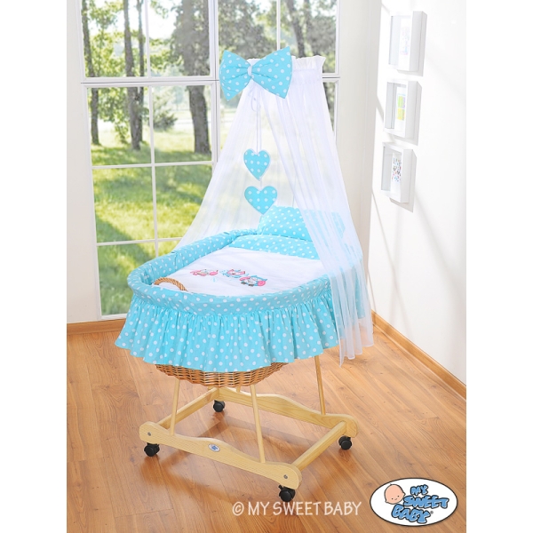 Culla per Bambini Piccole Ruote Velo Turchese Gufi