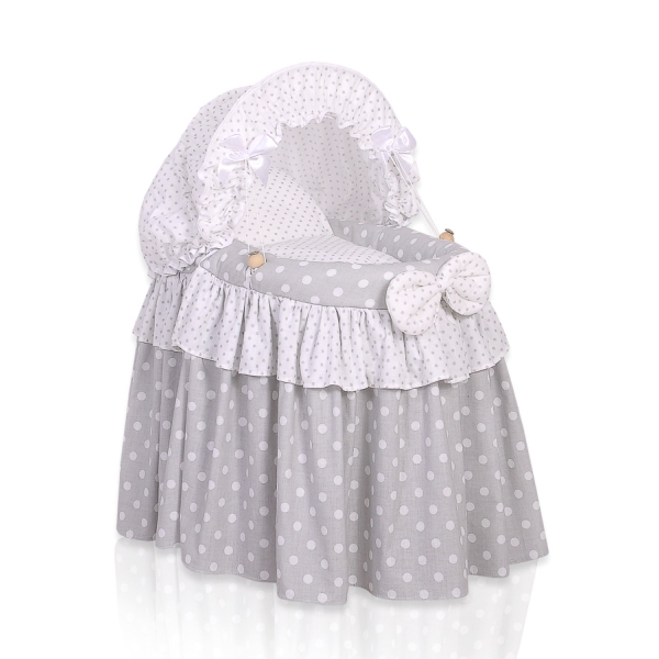Culla per Bambole Vimini con Cappotta Bianca Grigio Pois Bianchi