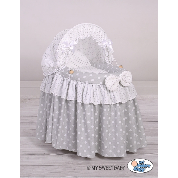 Culla per Bambole Vimini con Cappotta Bianca Grigio Pois Bianchi