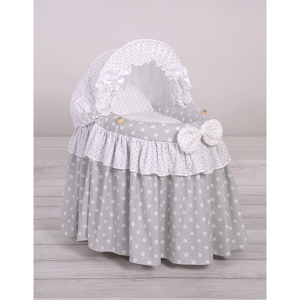 Culla per Bambole Vimini con Cappotta Bianca Grigio Pois Bianchi