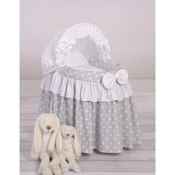 Culla per Bambole Vimini con Cappotta Bianca Grigio Pois Bianchi