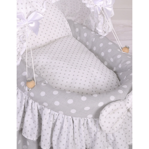 Culla per Bambole Vimini con Cappotta Bianca Grigio Pois Bianchi