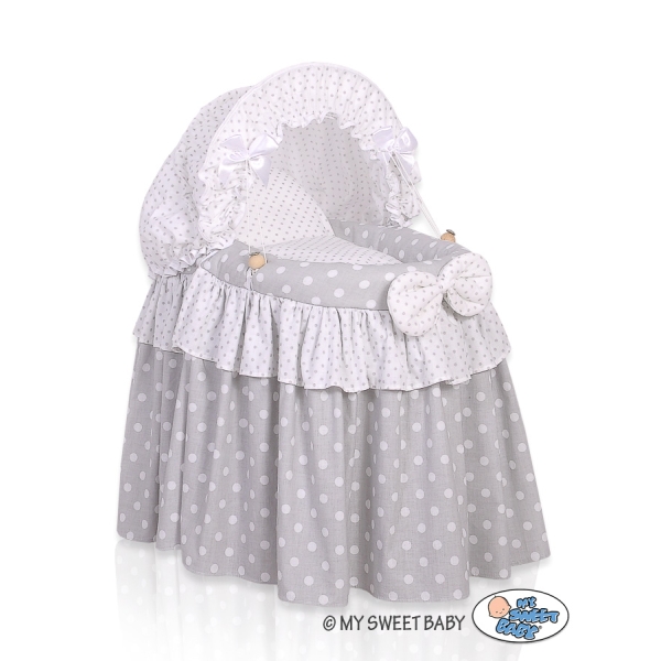 Culla per Bambole Vimini con Cappotta Bianca Grigio Pois Bianchi