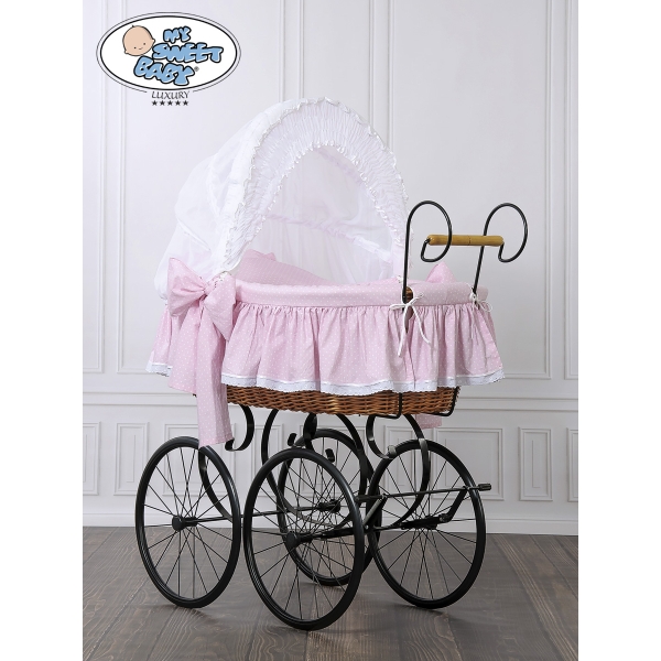 Culla Retrò per Neonato Ruote Cappottina Rosa Bianca