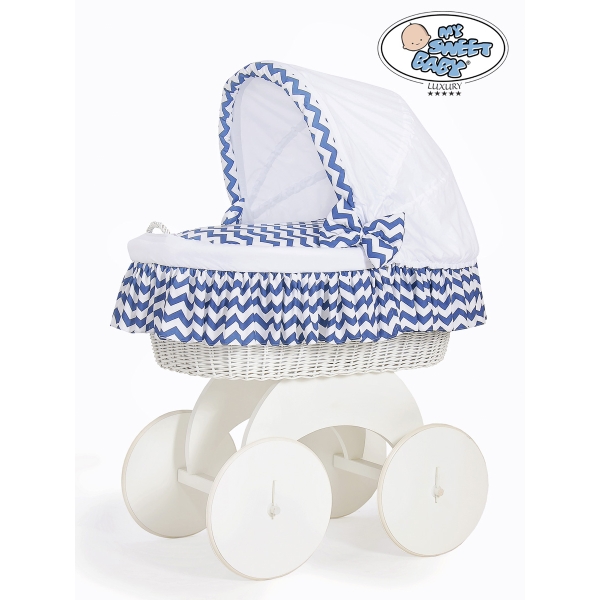 Culla XXL in Vimini con Base in Legno Bianca Blu Navy Hanna