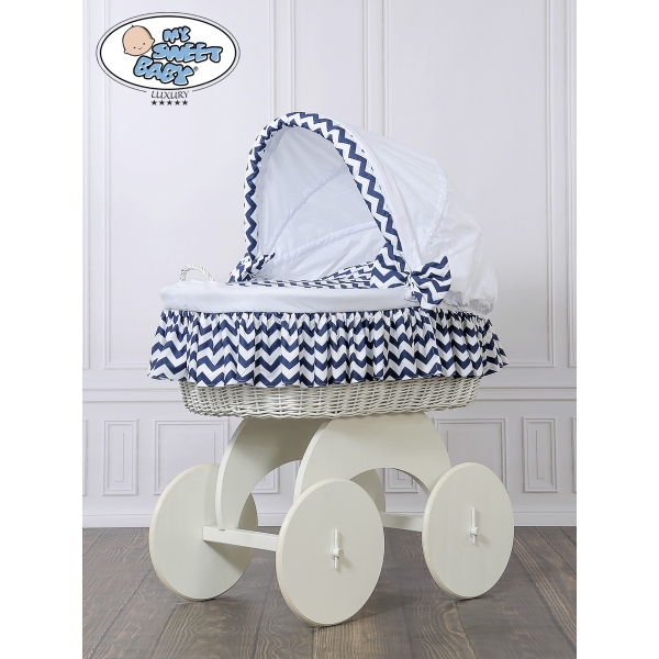 Culla XXL in Vimini con Base in Legno Bianca Blu Navy Hanna