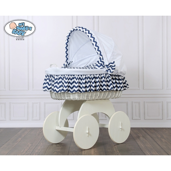 Culla XXL in Vimini con Base in Legno Bianca Blu Navy Hanna