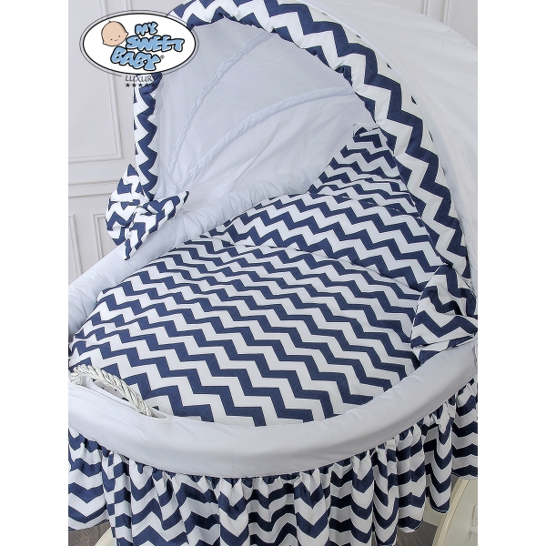 Culla XXL in Vimini con Base in Legno Bianca Blu Navy Hanna