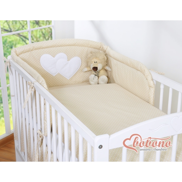 Lenzuola per Lettino Neonato 2 parti Beige Pois Bianchi Cuori