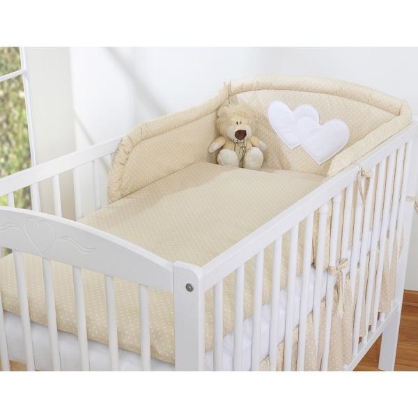 Lenzuola per Lettino Neonato 2 parti Beige Pois Bianchi Cuori