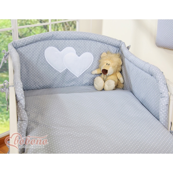 Lenzuola per Lettino Neonato 2 parti Grigio Pois Bianchi Cuori