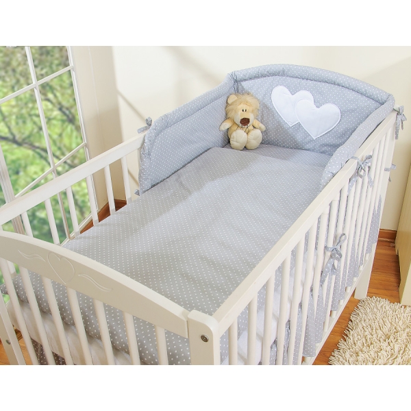 Lenzuola per Lettino Neonato 2 parti Grigio Pois Bianchi Cuori