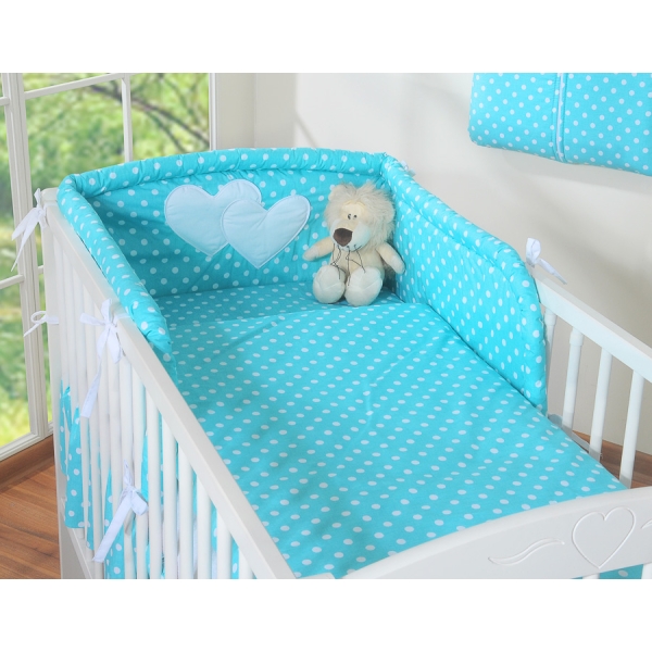 Lenzuola per Lettino Neonato 2 parti Turchese Pois Bianchi Cuori