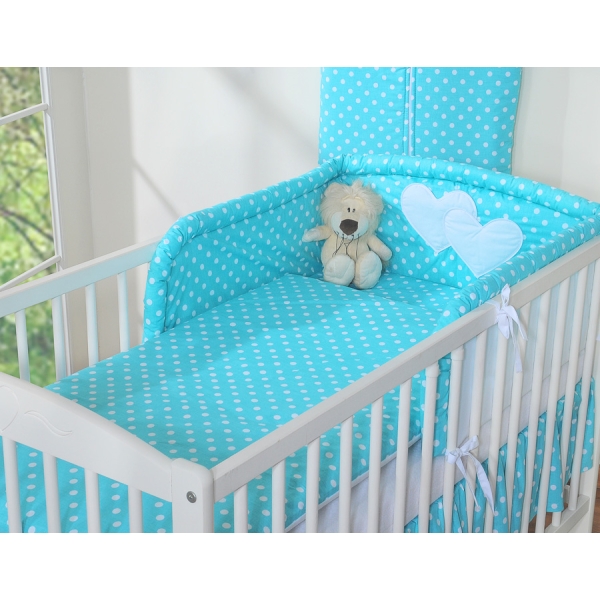 Lenzuola per Lettino Neonato 2 parti Turchese Pois Bianchi Cuori