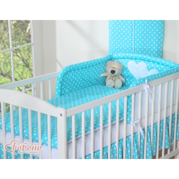 Lenzuola per Lettino Neonato 2 parti Turchese Pois Bianchi Cuori