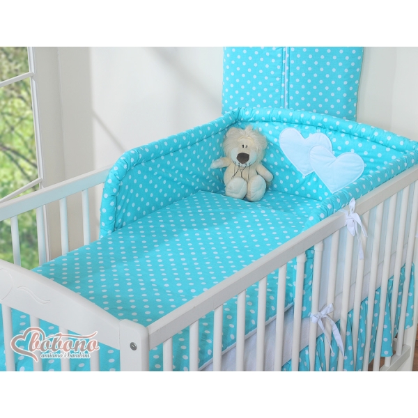 Lenzuola per Lettino Neonato 2 parti Turchese Pois Bianchi Cuori