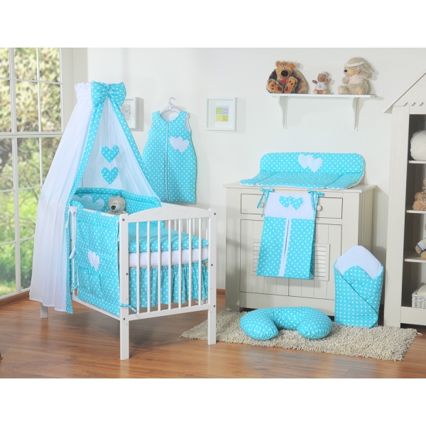 Lenzuolo Culla con Baldacchino 7 parti Turchese Pois Bianchi Cuori