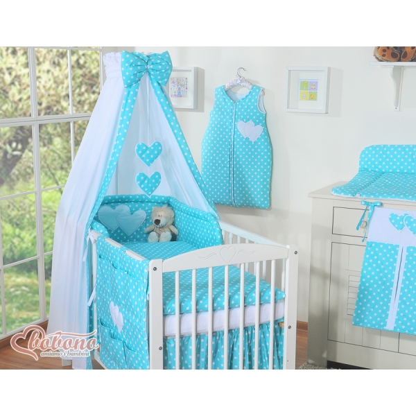 Lenzuolo Culla con Baldacchino 7 parti Turchese Pois Bianchi Cuori