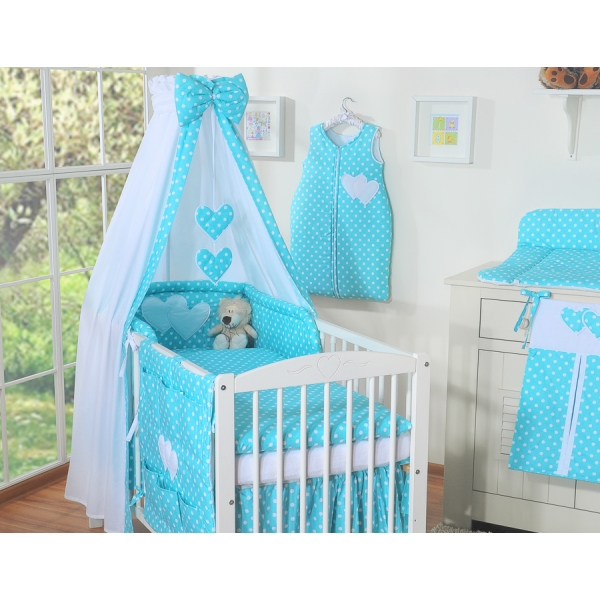 Lenzuolo Culla con Baldacchino 7 parti Turchese Pois Bianchi Cuori