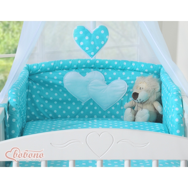 Lenzuolo Culla con Baldacchino 7 parti Turchese Pois Bianchi Cuori
