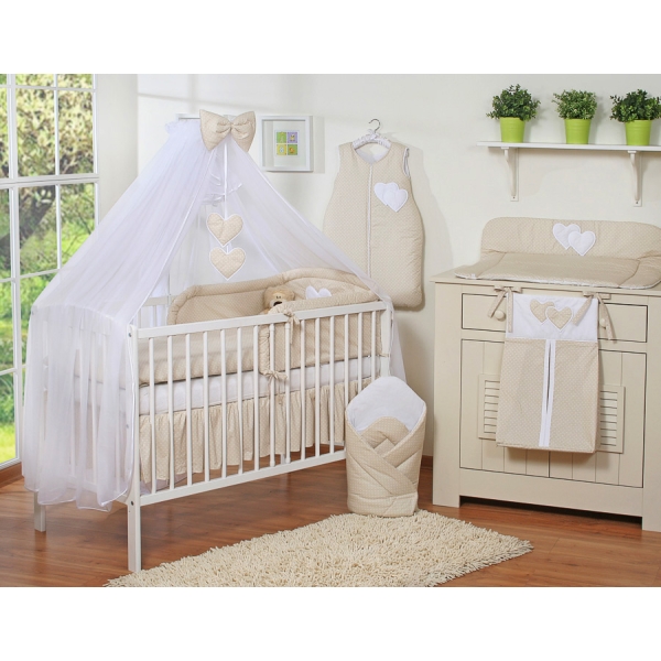 Lenzuolo Culla con Zanzariera 7 parti Beige Pois Bianchi Cuori