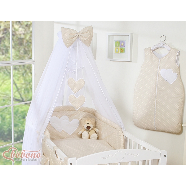 Lenzuolo Culla con Zanzariera 7 parti Beige Pois Bianchi Cuori