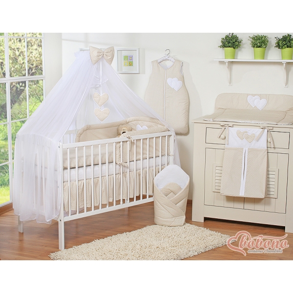 Lenzuolo Culla con Zanzariera 7 parti Beige Pois Bianchi Cuori