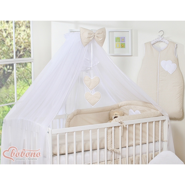 Lenzuolo Culla con Zanzariera 7 parti Beige Pois Bianchi Cuori